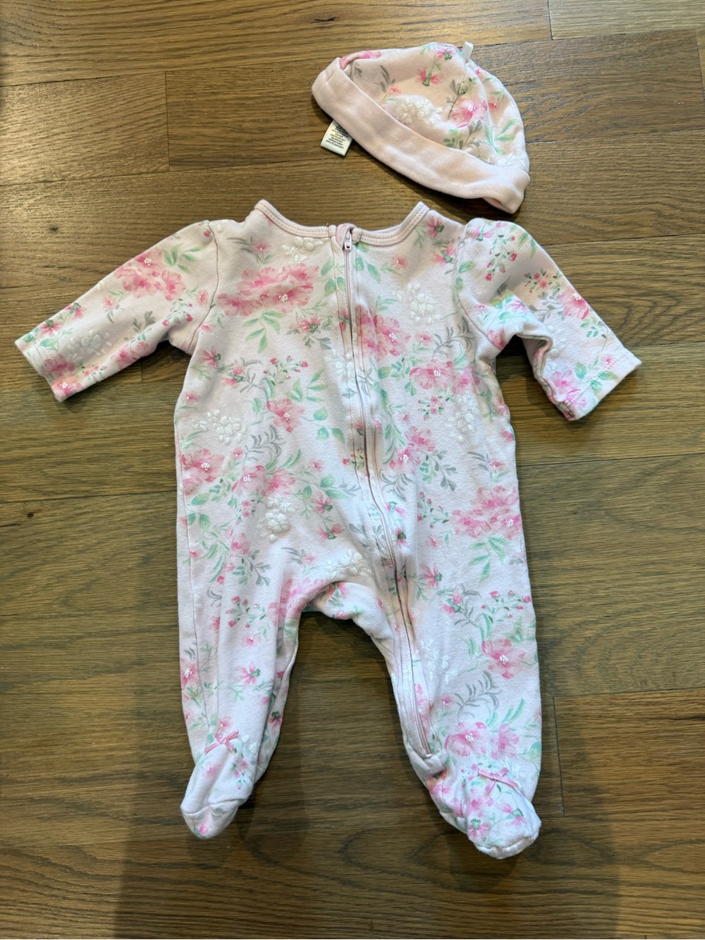 Little Me Pink Floral Footed One-Piece with Matching Hat